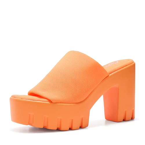 Cape Robbin Womens Platform Sandals Chunky Block Heel - Slip On Elastic Band 4.5 Inch Block Heel Dressy Shoes Round Open Toe Breathable Fabric Insole (Echoya.a) Orange 6.5