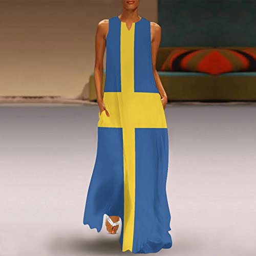 Image of TAIZIYEAH Long Dress Swedish Flag Women's Summer Casual Loose Dress Long Dress Short Sleeve for Girls Fashion Skirts 4XL