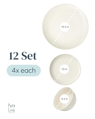Image of Stoneware Dinnerware Set for 4 People HYGGE 12-Piece - Elegant Scandi Design - Premium Dish Set - Bowl and Plate Set - Tableware for 4 People in a Ribbed Design - Pure Living in Beige