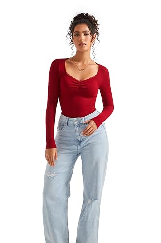 Image of SUUKSESS Women Sweetheart V Neck Long Sleeve Tops Lace Trim Ribbed Modal Fall Going Out Shirts