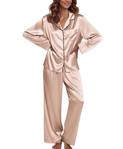 Image of Ekouaer Pajamas For Women Set Silk Pjs 2 Piece Satin Sleepwear Long Sleeve Button Down Lounge Sets With Pant
