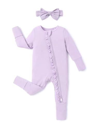 Image of PATPAT Bamboo Viscose Baby Footie with Headband, NB-2T | 2 Way-Zipper, Fold-over mittens and feet, Soft and Breathable, True to size, Stretchy for duration, Comfort in every season