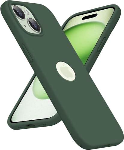 Elzzi Microfiber Logo Cut Compatible for iPhone 15 Plus Case Liquid Silicone Cases Non-Slip Full Body 4 Layer Protectives Shockproof Back with High Raised Camera Lips (6.7 inch, Forest Green)