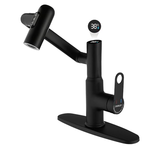 Chomley Bathroom Faucet, Rotatable Faucets with Temperature Display in Celsius (Batteries-Free), 3 Water Outlet Modes Single Hole Faucet with Sink Plate for Bathroom Sink (Matte Black)