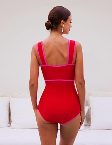 FLAXMAKER Bow Front Cut Out Color Block One Piece Swimsuit and Skirt3