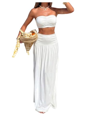 OYOANGLE Women's 2 Piece Cover Up Set Strapless Crop Tube Top and Ruched Flowy Maxi Skirt Beach Outfits White Small