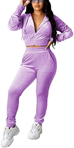 PINSV 2 Piece Outfits Velour Tracksuit For Women Zip Up Hoodie Velvet Jogging Sweatsuit Workout Sets Solid Purple M