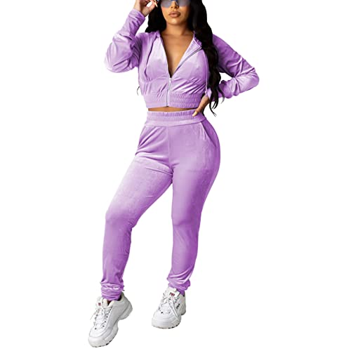 Pinsv 2 Piece Outfits Velour Tracksuit For Women Zip Up Hoodie Velvet Jogging Sweatsuit Workout Sets Solid Purple M #TOP2