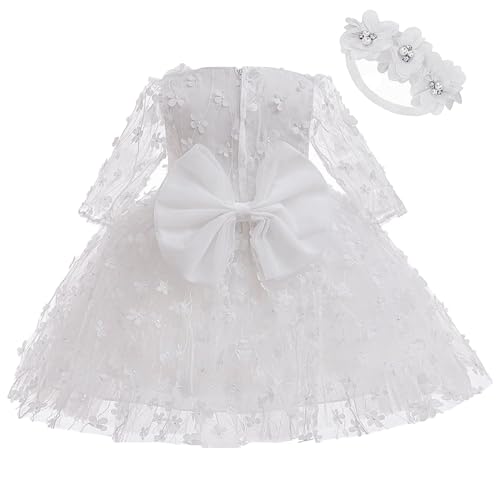 Baby Girl Bowknot Flower Dresses with Headwear Baptism Dress Infant Toddler Flower Girls Tulle Gown Wedding Birthday