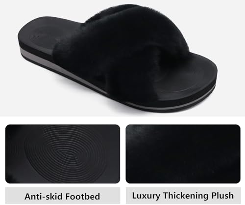 Image of COFACE Womens Fuzzy Slides Fluff Faux Fur Cross Slippers Open Toe Yoga Mat House Slipper Sandals With Arch Support For Indoor /Outdoor