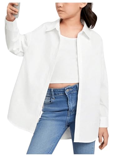 Floerns Girl's Solid Button Down Long Sleeve Blouse Drop Shoulder Shirts Top