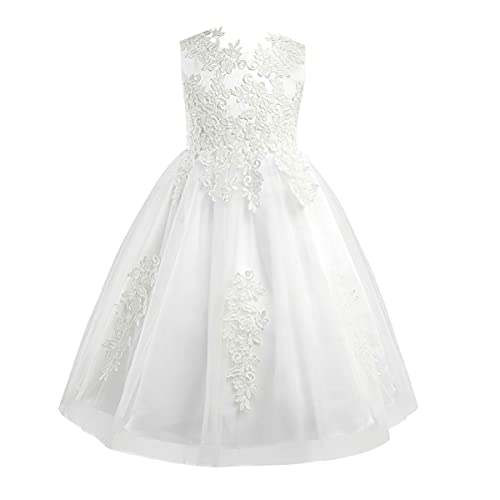 IEFIEL Robe Demoiselle d'honneur Floral Fille Enfant Organza Formelle Robe Cérémonie Carnaval Fête Lace Robe Bébé de Baptême Mariage sans Manches Taille Haut 3-14 Ans Ivoire 8 Ans