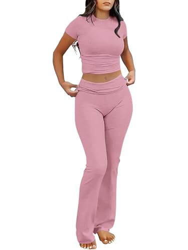 Image of AYWA Women's 2 Piece Lounge Sets Short Sleeve Crop Top Foldover Flare Pants Casual Pajama Outfits