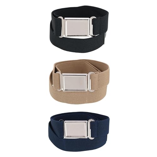 CTM Kids' Adjustable Elastic Belt with Magnetic Buckle (Pack of 3 Colors), Black/Navy/Khaki