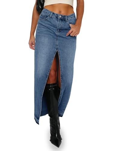 Jupe en jean fendue taille haute Fisoew ourlet effiloché bleu marine