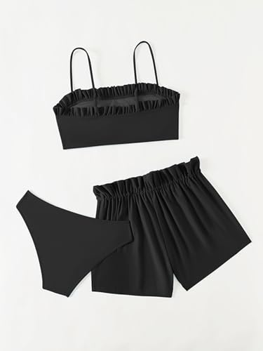 Image of Girl's 3 Piece Set Solid Ruffle Hem Bikini Sets Bathing Suit Black 160