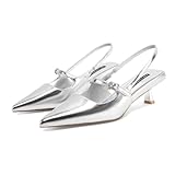 MIRAAZZURRA Slingback Kitten Heels Pumps Pointed Toe Patent Leather Low Heel Slip On Dress Shoes with Buckle Strap for Dating Party Working Silver 8