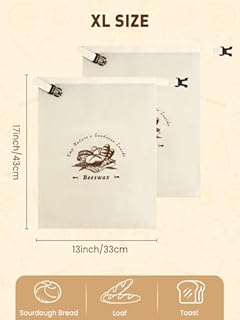 Weenkler Beeswax Bread Bag 2 Pack Reusable Linen Storage Bags with Zipper and Straps for Homemade Sourdough Loaf Breads 30 x 40 cm