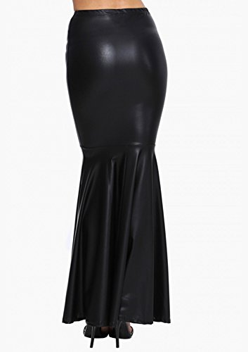 Women Faux Leather Pleated High Waist Maxi Mermaid Black Evening Skirt3