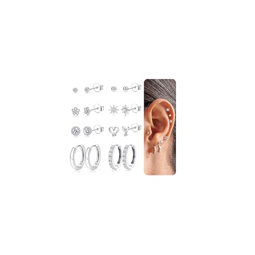 Kakonia 8 Pairs 925 Sterling Silver Hypoallergenic Earrings Set for Multiple Piercing Dainty 14K Gold Plated Stud Huggie Small Hoop Earrings for Women Trendy Cute Earring Stacks for Sensitive Ears