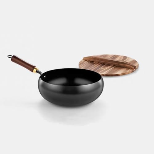 KQQK中華鍋鉄フライパン小型無棒無塗装大容量木製ハンドル平底補鉄軽量純手作り軽量鍛造一人暮らし用炒め物シチュー調理器具IH適用ガスコンロ適用家庭用 (24cmシングルポット木製カバー)