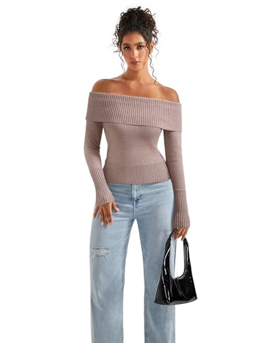 Image of SUUKSESS Women Off Shoulder Sweaters Long Sleeve Ribbed Knit Going Out Fall Tops Blouse