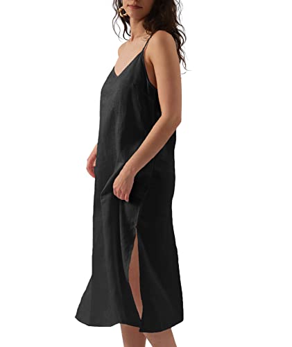 Amazhiyu Womens Pure Linen Summer V Neck Midi Spaghetti Strap Slip Dress with Pockets2
