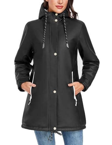 Vancavoo Wintermantel Damen Winterjacke Warm Gefüttert Wasserdicht Atmungsaktiv Regenmantel Übergangsjacke Winter Windbreaker Jacke Mantel Outdoorjacke mit Kapuze,Schwarz,M