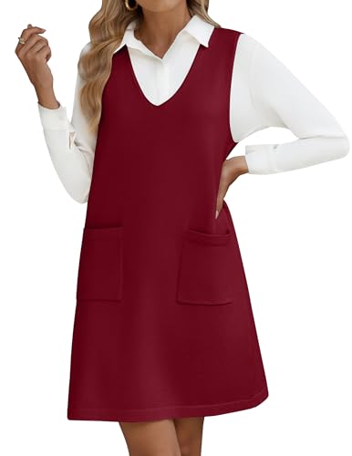 Hotouch Damen Ärmellos Kleid Winter V Ausschnitt Vest Pulloverkleider Herbstkleider Taschen Mini Dress