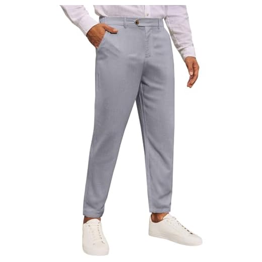 Runcati Calça social masculina slim fit casual algodão linho afunilada cintura elástica frente lisa calça cropped, Cinza claro, 48