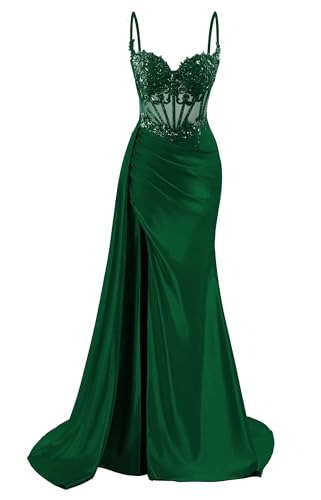 Sparkly Spaghetti Straps Lace Appliques Prom Dresses for Teens with Slit Maxi Satin Ball Gown Sweetheart Formal Party Dresses Emerald Green