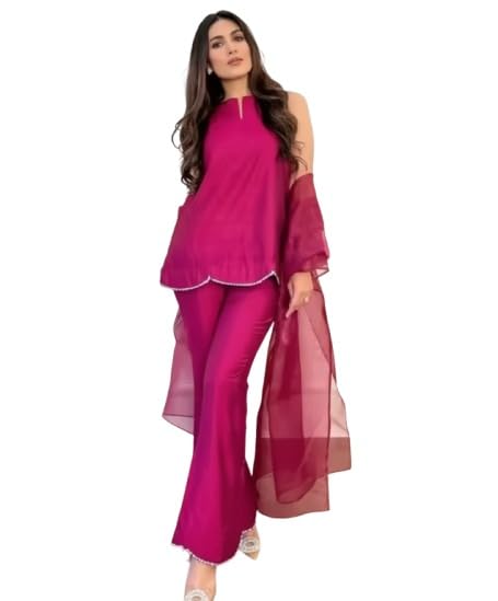 Image of Women's Teal Chiffon Kurta with Dupatta and Palazzo Pants, 3-Piece Ethnic Suit Set