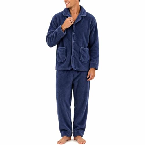 Men Notched Collar Fleece Pajama Set Relaxed Fit Straight Leg Pant 2 Piece - image 1