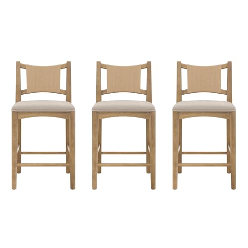 Image of Nathan James Elodia Boho Counter Height Bar Stool with Back, Woven Seagrass Backrest and Solid Wood Frame, Light Brown Set of 3