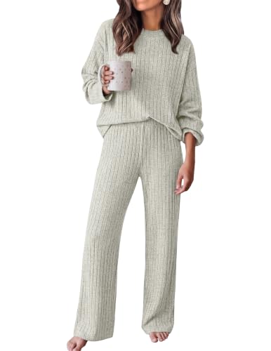 Ekouaer Lounge Sets for Women Ribbed Long Sleeve Mock Neck 2 Piece Outfit | Ribbed Knit Fabric, Mock Neck Long Sleeve Top, Wide Leg Pants With Pockets, 2 Piece Matching Set, Casual Loungewear - image 1