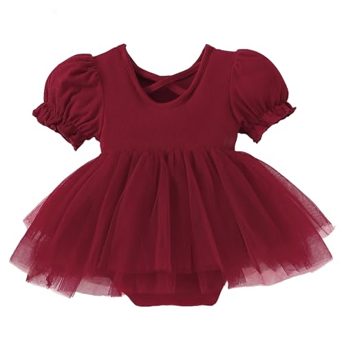 Image of TENTIDE Newborn Baby Girl Romper Dress Ruffle Short Sleeve Solid Casual Tulle Dresses Baby Girl Clothes for Girls 0-24Months