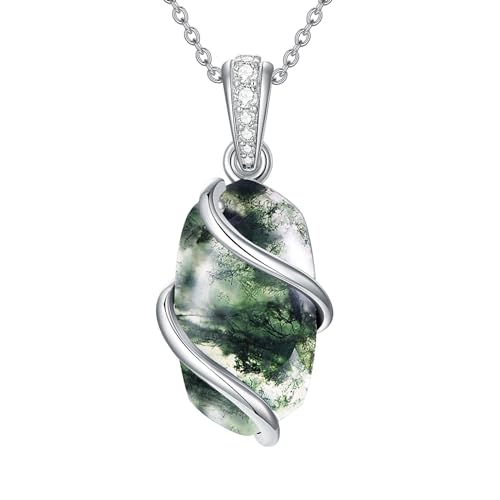 HPQQ Moss Agate Pendant Necklace Sterling Silver Oval Green Gemstone
