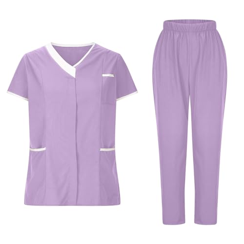 Conjunto de Uniforme Médico para Mujer,Uniformes Sanitarios Mujer Dos Piezas Cuello V Camisetas Manga Corta Sólido Túnica Tops con Bolsillos y Pantalones Rectos Cómoda y Profesional Ropa Sanitaria