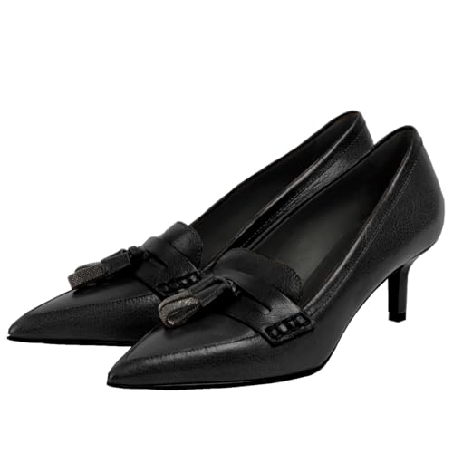 SHODENSE Women Kitten Heel Loafers Tassel Pointed Toe Loafer Pumps Slip On Dress Kitten Heels Penny Loafers Fringe Matte Vintage Office Loafer Heels 2 inch 4-11 M US