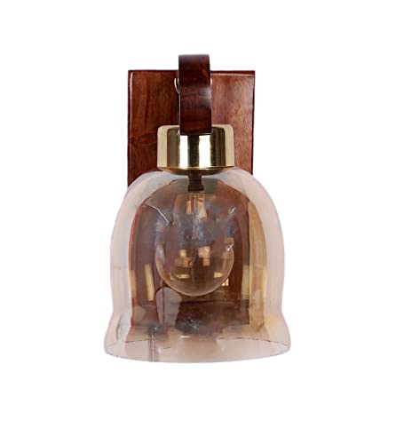 Image of Green House Handmade Sheesham Wood Wall Light /Lamp /U-Downlight Design /Lustre Bell Glass /E27 Bulb Holder(Bulb not Included) /Living Room,Bedroom,Hall /Luxurious /Classic Home Decor Lighting