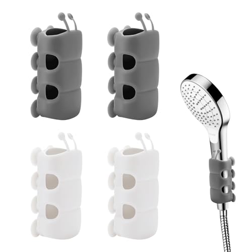 Casbomy 4 Stück Duschkopfhalterung Ohne Bohren Handbrause, Duschbrause Halterung mit Bionische Saugnapf, Duschkopf Silikon Halterung, Abnehmbarer Positionierbare Wand Duschkopfhalterung(Weiß und Grau)