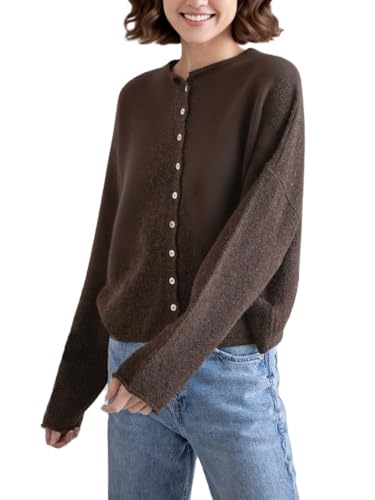 Women Casual Cardigan Sweater Lightweight Loose Crewneck Button Down Long Sleeve Basic Knit Tops
