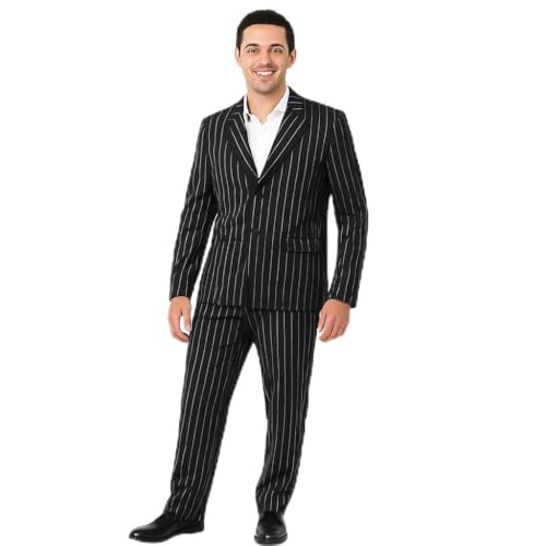 LOVETRENDS Adults Black Pinstripe Suit Fancy Dress Costume - Pinstripe Jacket and Matching Trousers for Halloween Dress Up