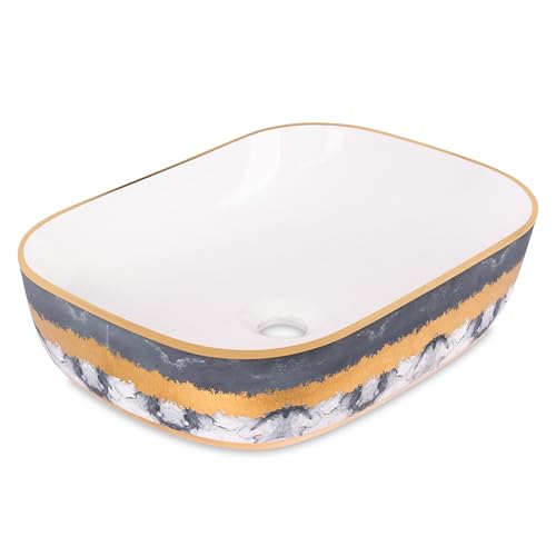 Image of Bonkaso Designer Ceramic Table Top Wash Basin | Grey White with Golden Texture Rectangular Countertop Vanity Sink | 45 x 32.5 x 13.5 cm Premium Glossy Bathroom Basin - P1023