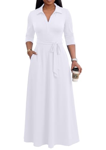 MarryUP Womens Maxi Dress with Pockets Casual V Neck 3/4 Sleeve Long Church Dresses Semi Formal Outfits with Belt White 2XL