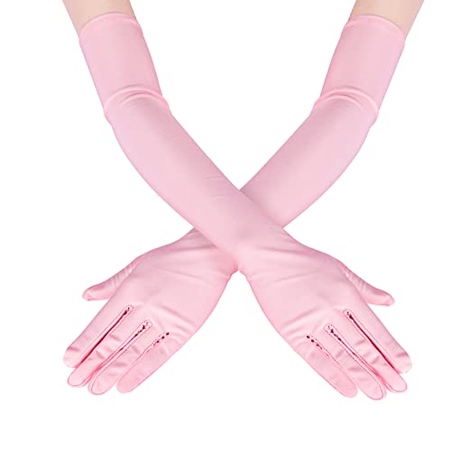 Lansian Women's 22'' Long Satin Gloves Bridal Dance Gloves For Special Occasion Evening Wedding Party, Black, White, Pink, Red (Pink)