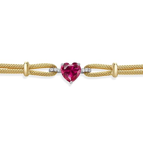 Gem Stone King 18K 2 Tone Sterling Silver Red Created Ruby and White Lab Grown Diamond Bracelet For Women (1.74 Cttw, Heart Shape 8MM, 6.5/7/7.5 Inches, Made In Italy)2