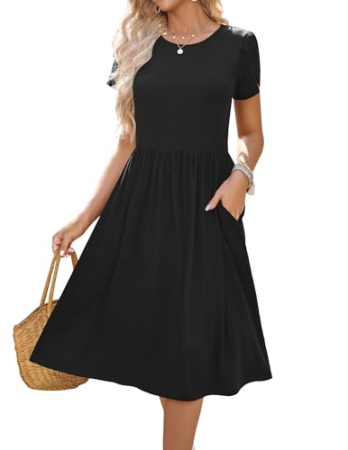 Image of HOTOUCH Women's Summer A-Line Midi Dresses 2026 Casual Floral Short Sleeve T-Shirt Dress Flowy Beach Sundress with Pockets