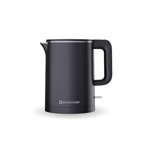 Muller Kitchen MK-6061 Hervidor de agua eléctrico (1L,1000W, doble pared, base giratoria de 360 ​​grados, apagado automático con protección contra ebullición en seco) (NEGRO)