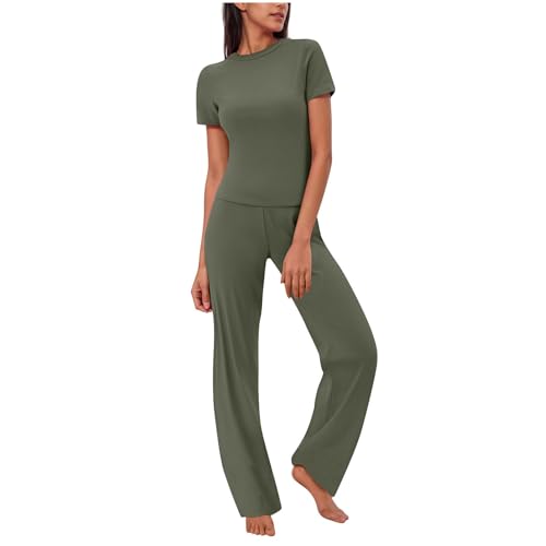 Business Casual Outfits for Womens 2 Piece Outfits Lounge Sets Ruched Short Sleeve Tops High Waisted Wide Leg Pants Tracksuit